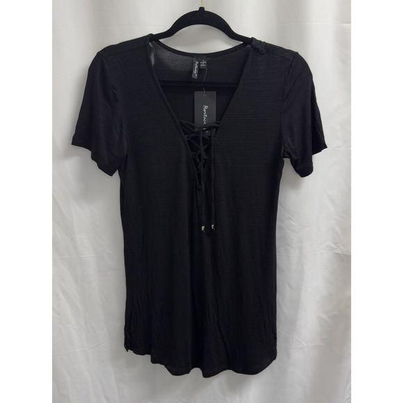 Portocruz Short Sleeve Lace Up Top Women's Size Small Black - Picture 1 of 9